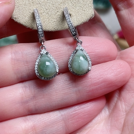 透闪石-蛇纹石玉耳环银S925镶嵌听*