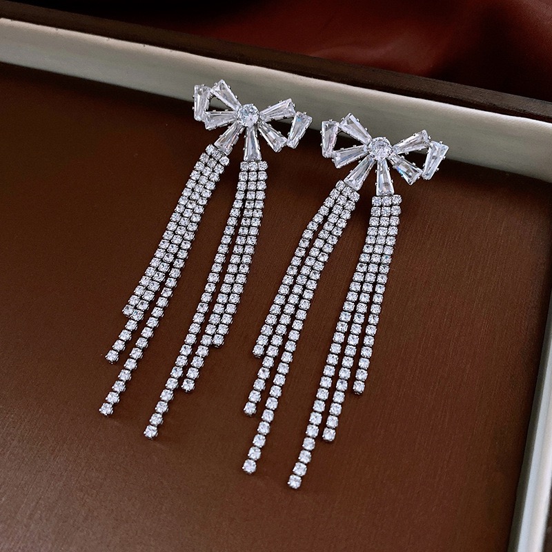铜合金锆石耳饰 新款个性超仙长款蝴蝶结流苏耳环时尚百搭耳饰