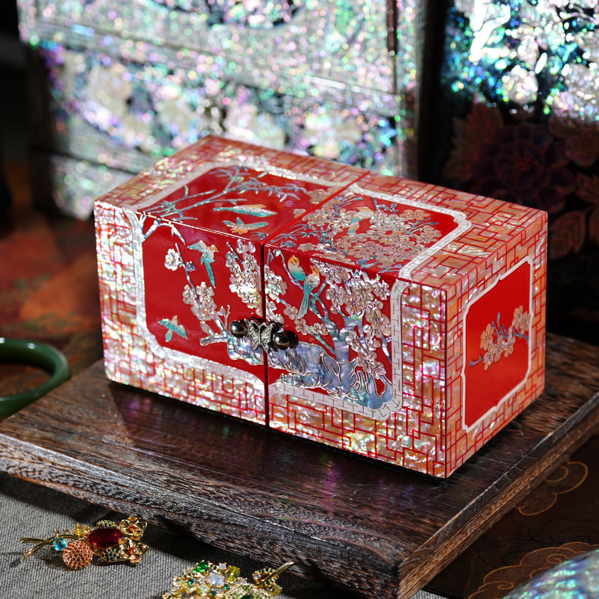 对开竹梅双喜螺钿工艺首饰盒收藏送礼收纳盒摆件