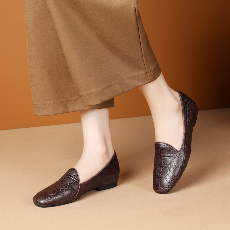 885-7里外全皮低跟单鞋女鞋新款内增高妈妈软底瓢鞋真皮方头平底