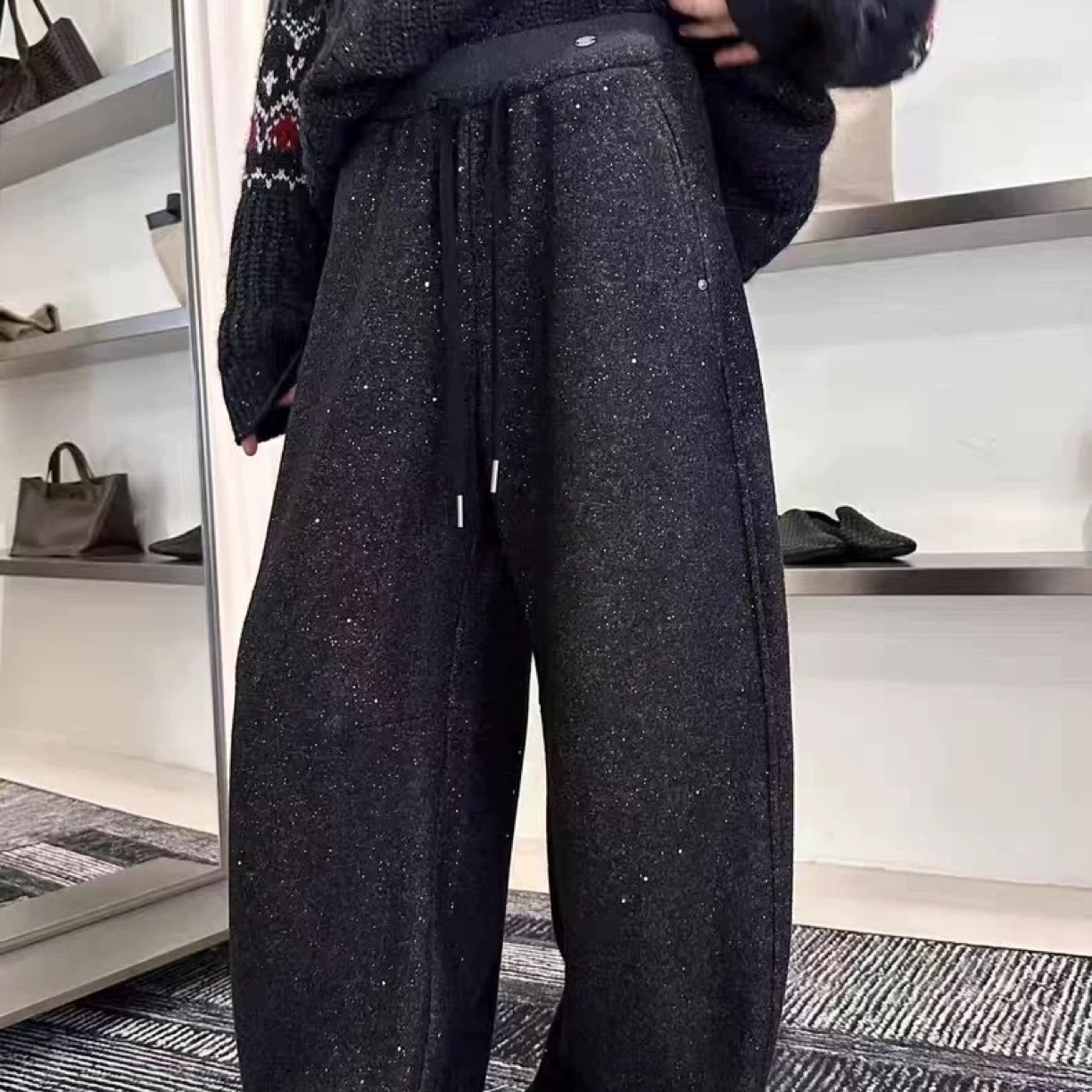 秋冬新款高腰加绒加厚撒银弯刀女裤