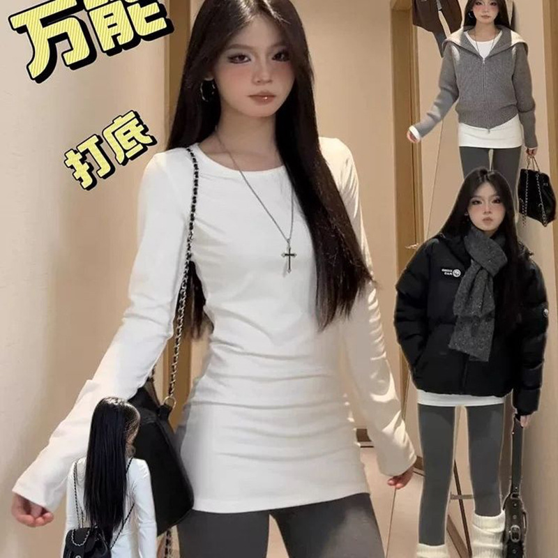 正肩长袖T恤女秋冬2025新款德绒打底衫女中长款内搭修身收腰上衣