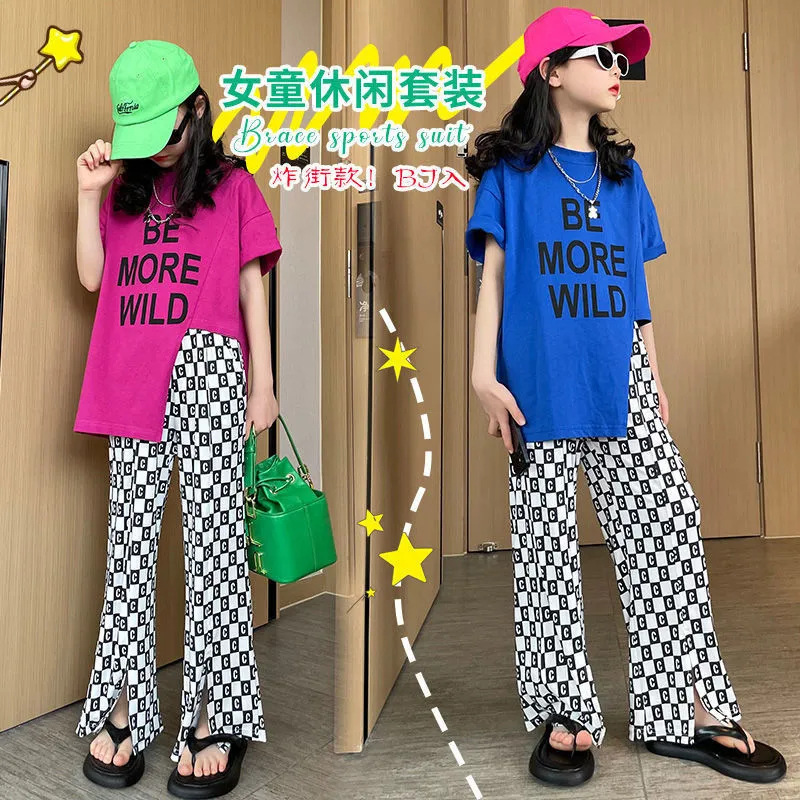 女童夏季新款韩版宽松洋气两件套大童时尚2024红色蓝色140cm1