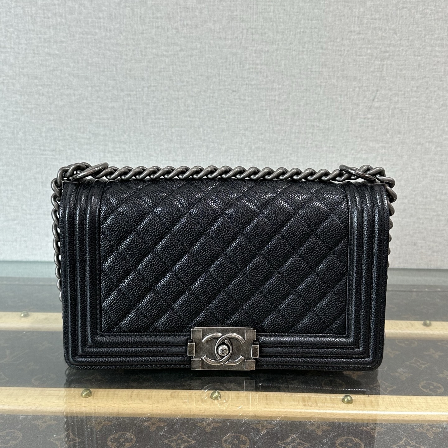 95新 Chanel/香奈儿 黑银 Leboy中号单肩斜跨链条包 81290