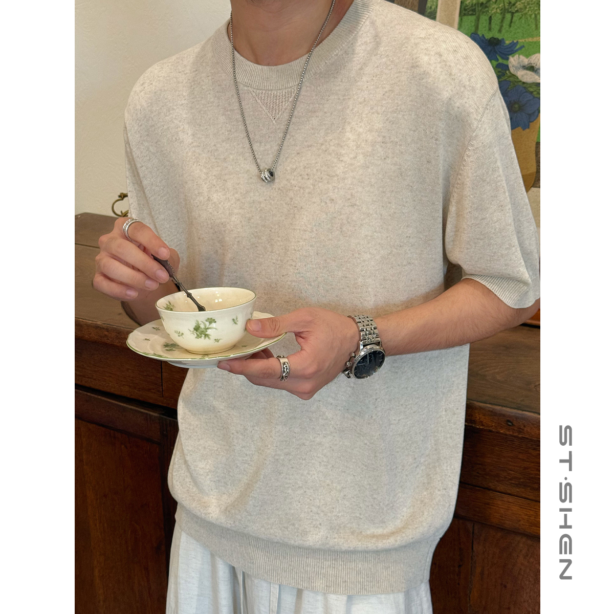 【ST·Shen】夏季亚麻天丝混纺复古老钱风 薄款针织短袖T恤男女2480