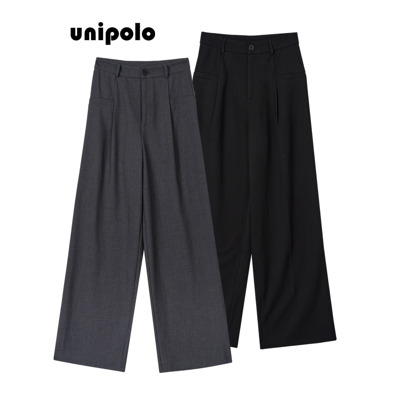 unipolo(天丝羊毛醋酸）混纺立体剪裁捏褶高腰微阔显瘦西裤