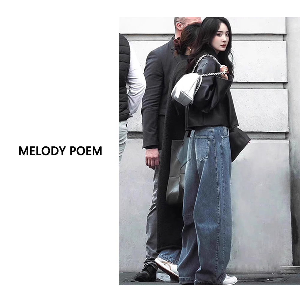 Melody Poem【杨幂同款蓝色阔腿牛仔裤】复古高腰显瘦宽松直筒裤子