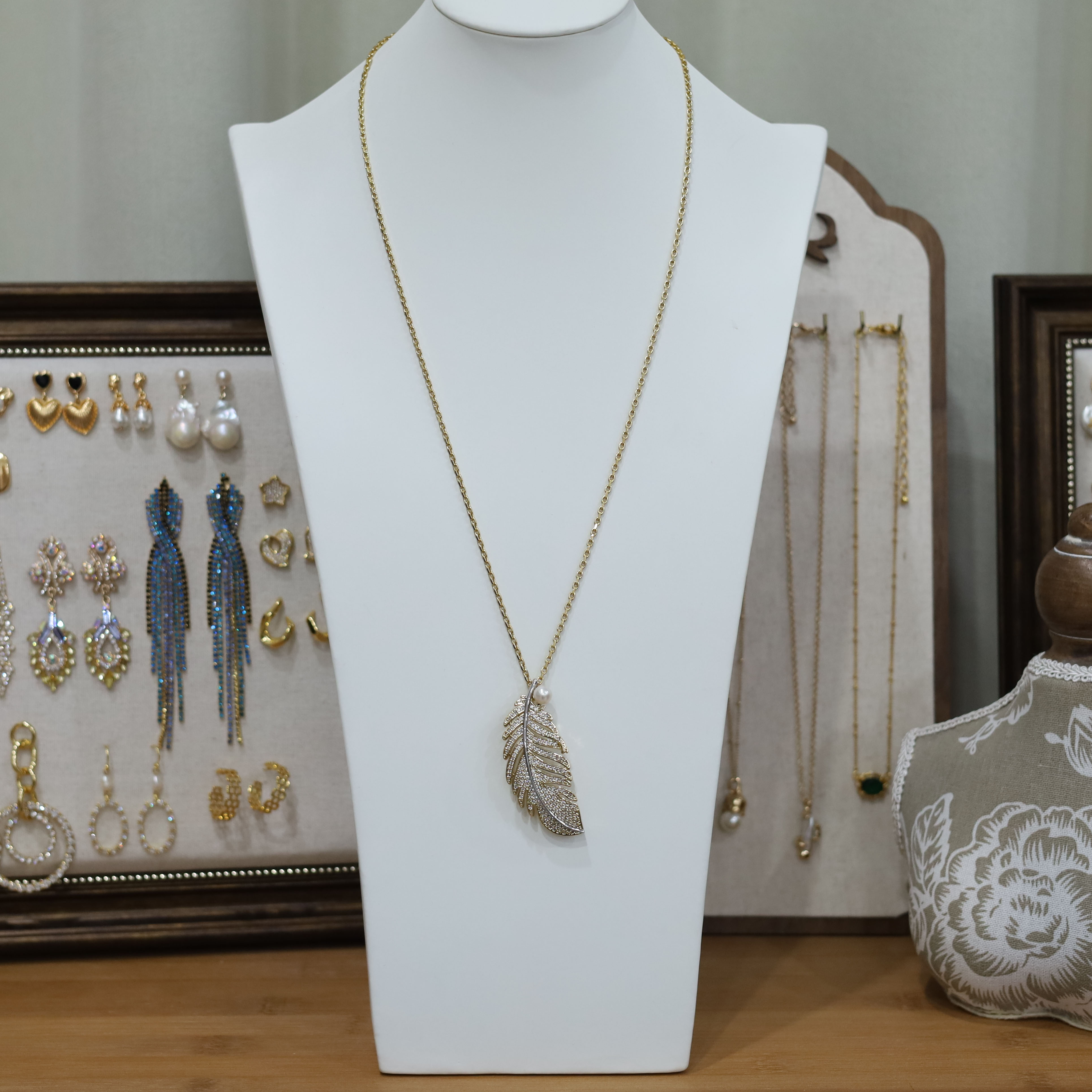 铜合金项链 气质复古甜美风树叶可胸针精致镶嵌锆石长项链