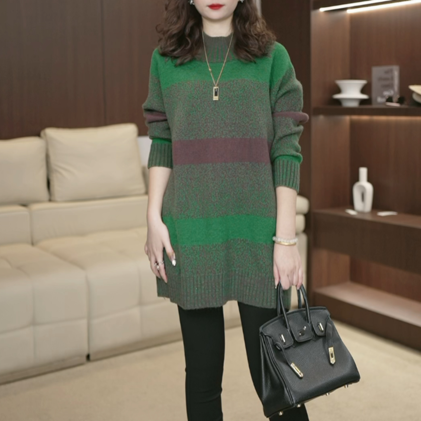 慵懒风半高领毛衣女秋冬宽松中长款针织衫绿色时尚百搭上衣3772