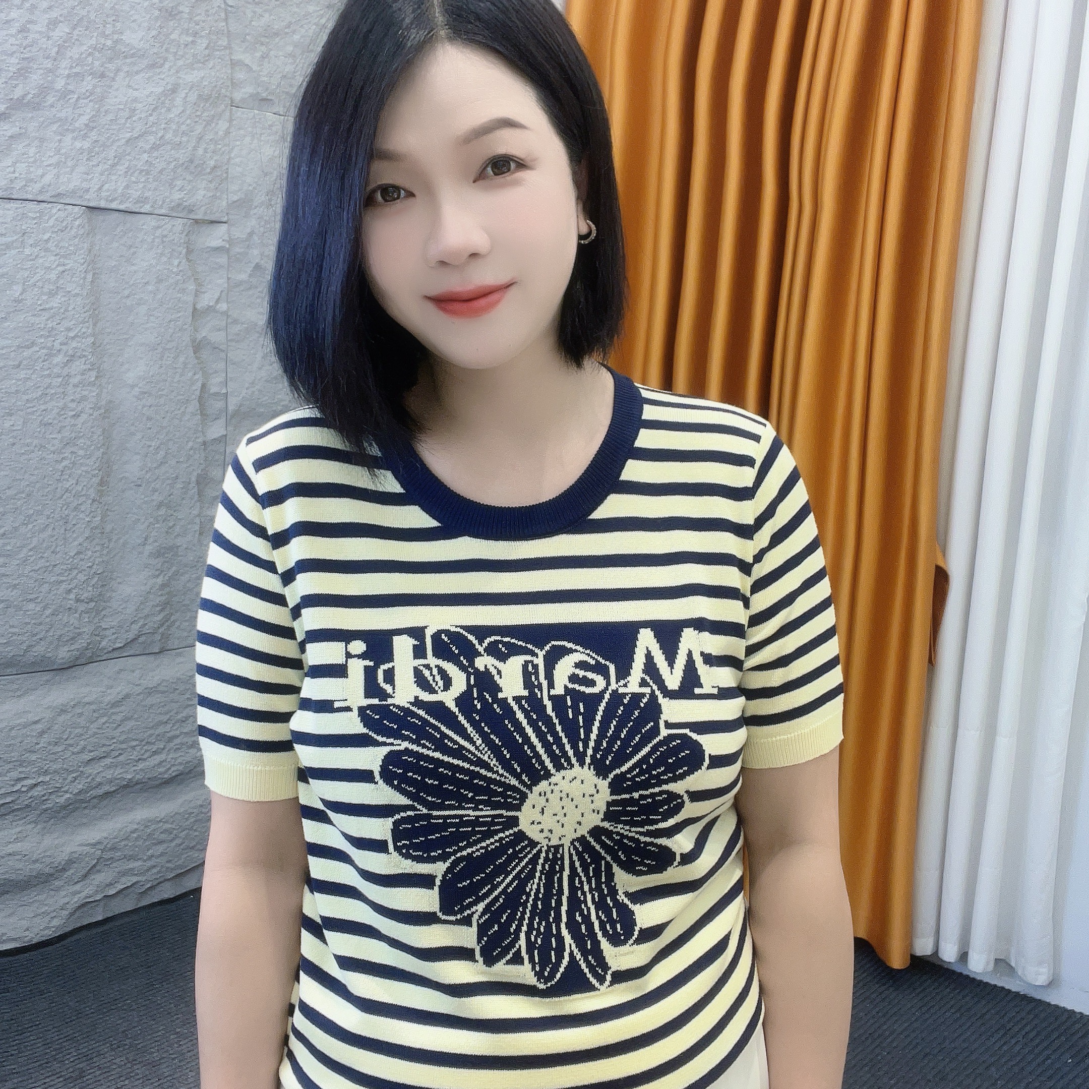 5235夏季短袖条纹薄款【大米家】雏菊条纹针织衫套头款洋气~学院风