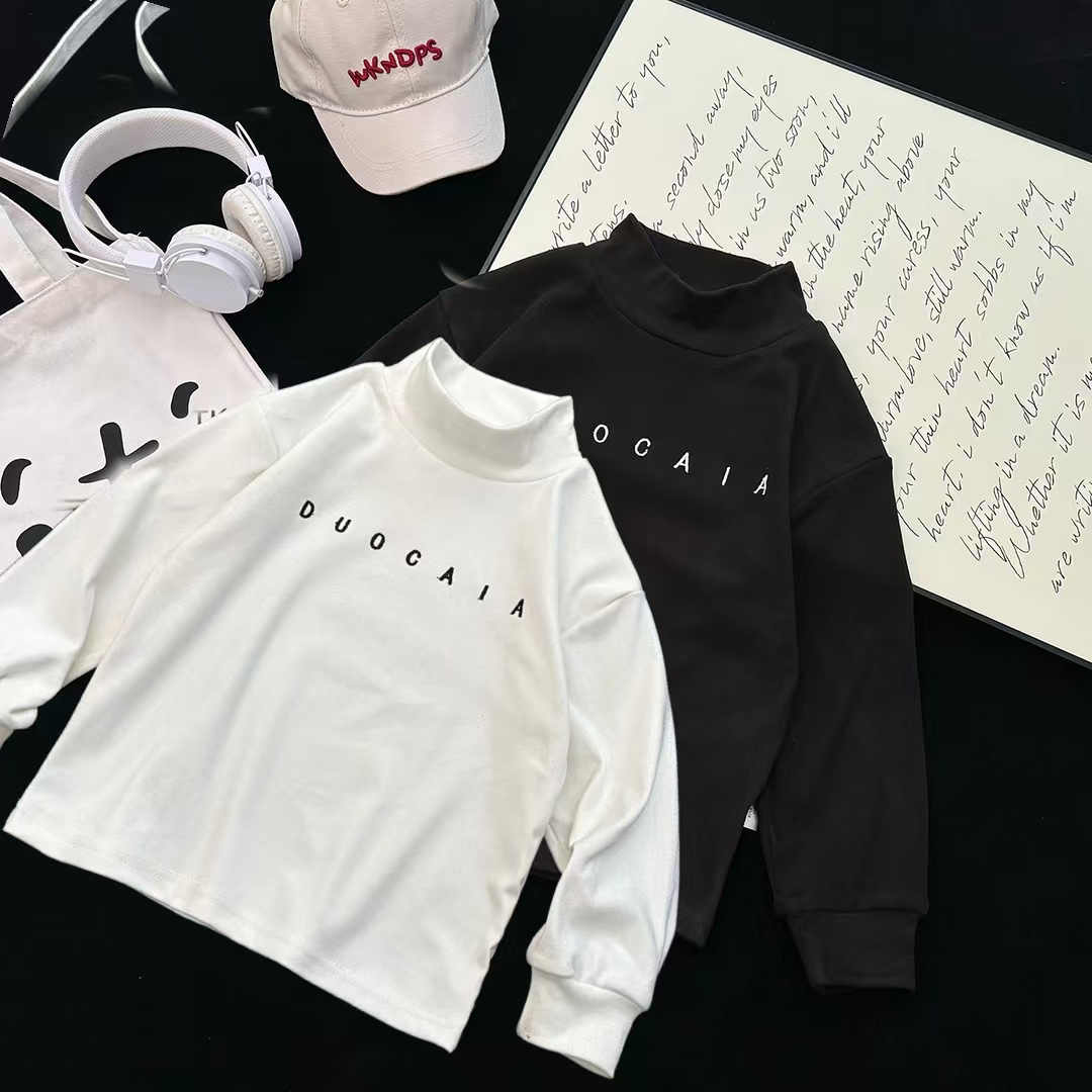 秋冬儿童德绒刺绣打底T恤韩版美拉德色中高领上衣男女童保暖