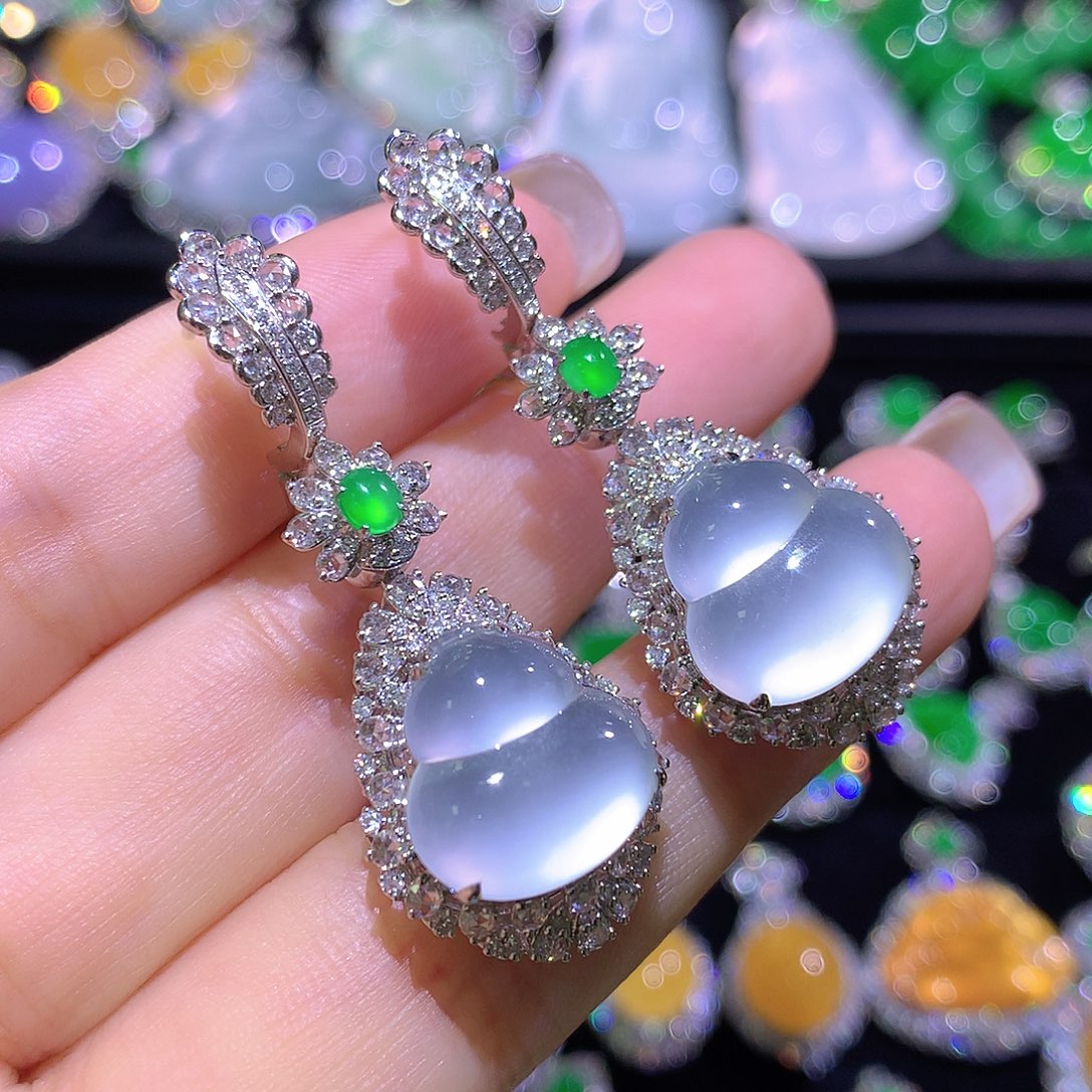 翡翠18K金镶嵌耳饰玻璃种葫芦吊坠耳坠