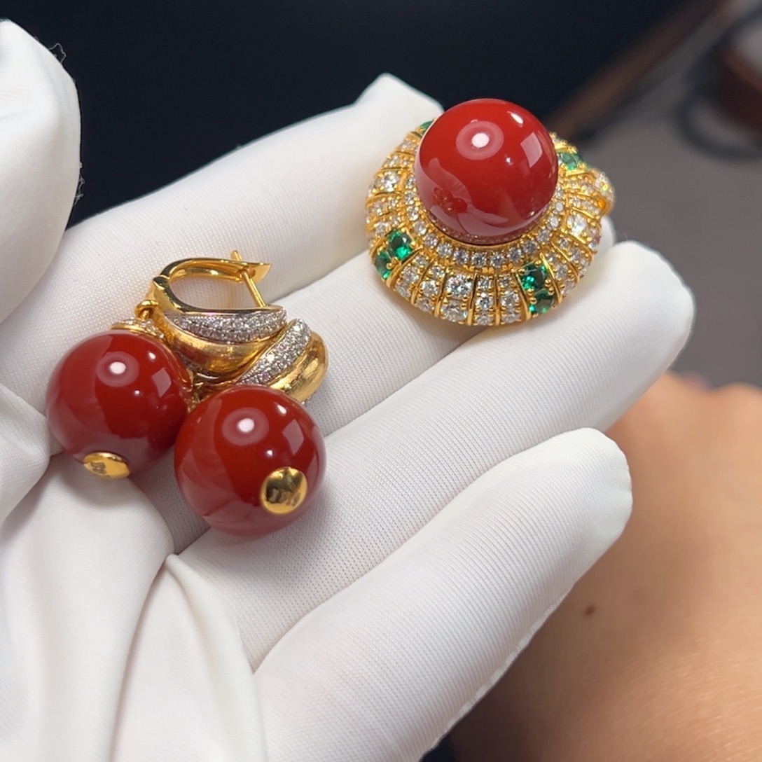 F***y南红玛瑙18K金镶嵌戒指 耳坠瓦西南红圆珠套装