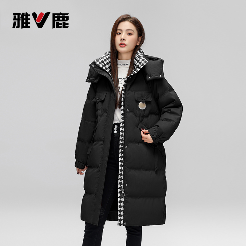 雅鹿冬季长款时尚连帽过膝加厚保暖防风休闲宽松女士外套羽绒服N