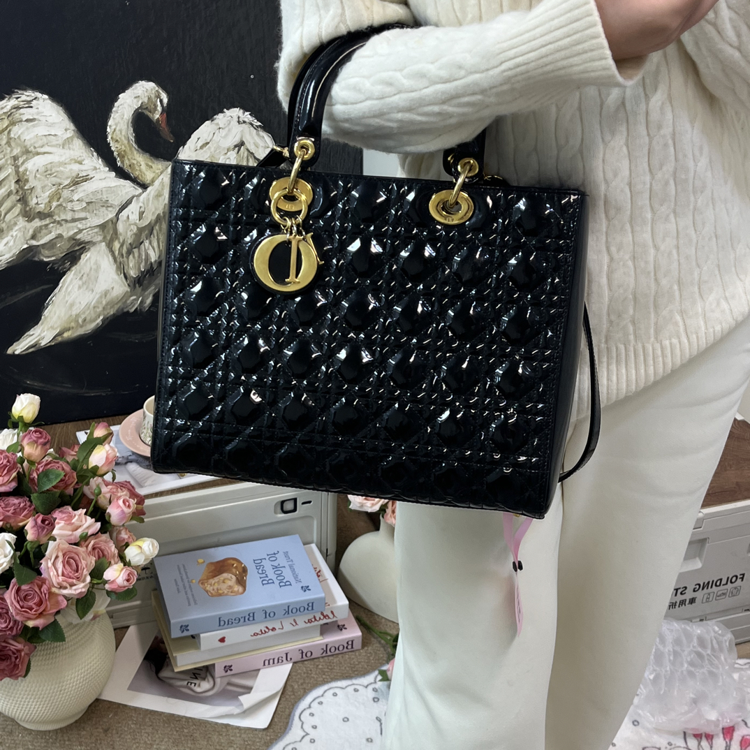 95新 DIOR/迪奥 黑金七格戴妃手提单肩