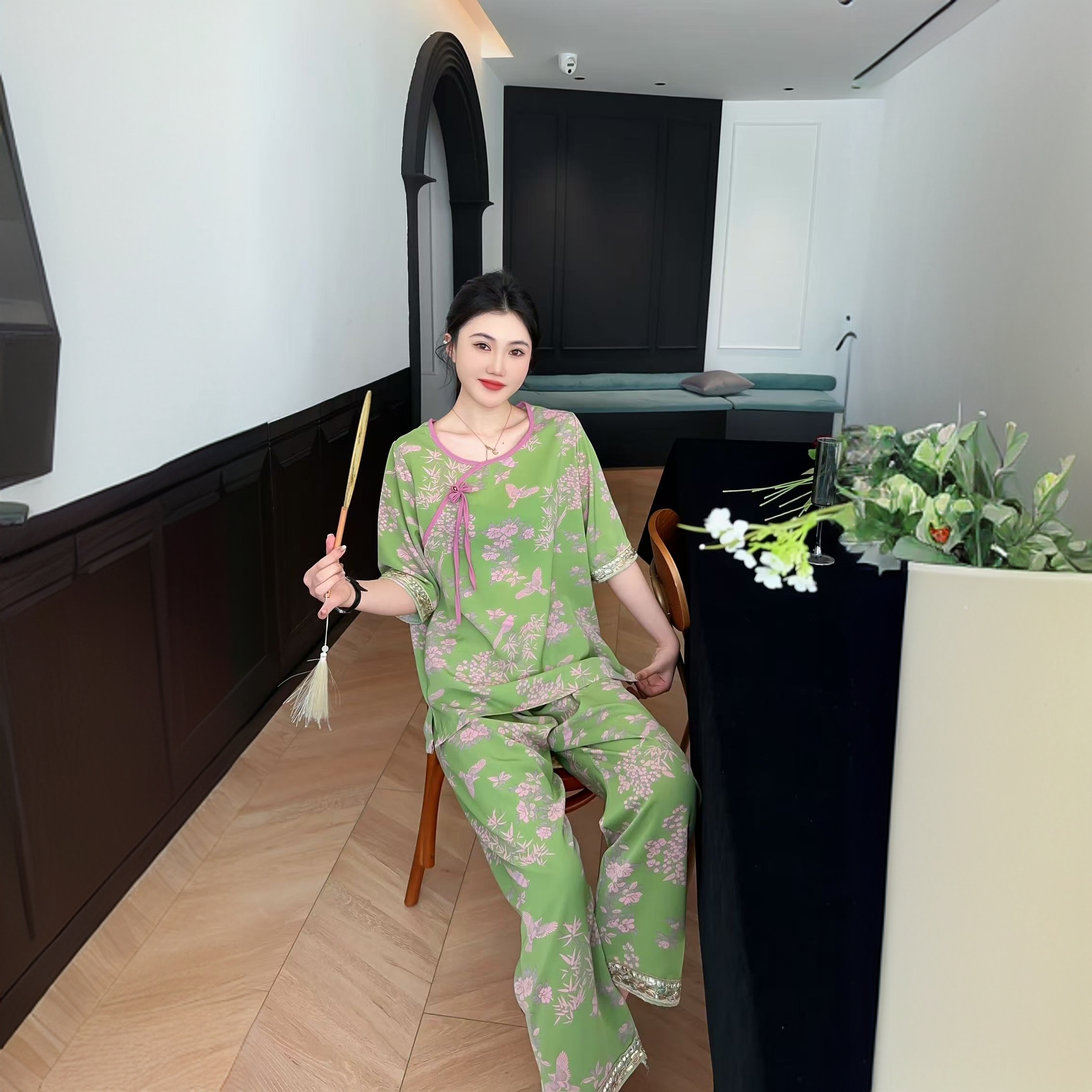 春季新款国风复古碎花舒适气质女士宽松时尚花色家居服套装1501