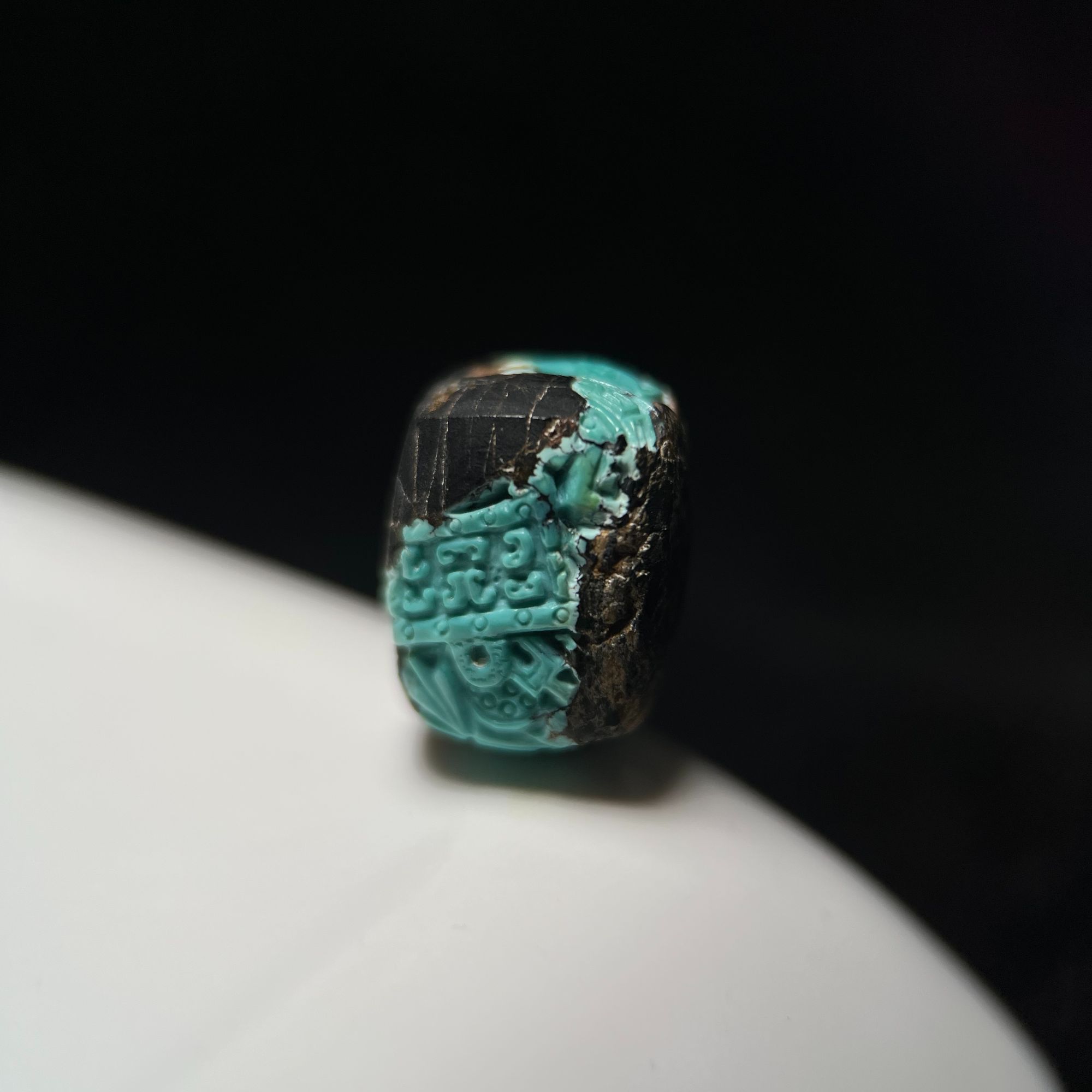 山与枢原矿绿松石手工雕刻仿古青铜回纹筒珠高瓷玉化色地大质检