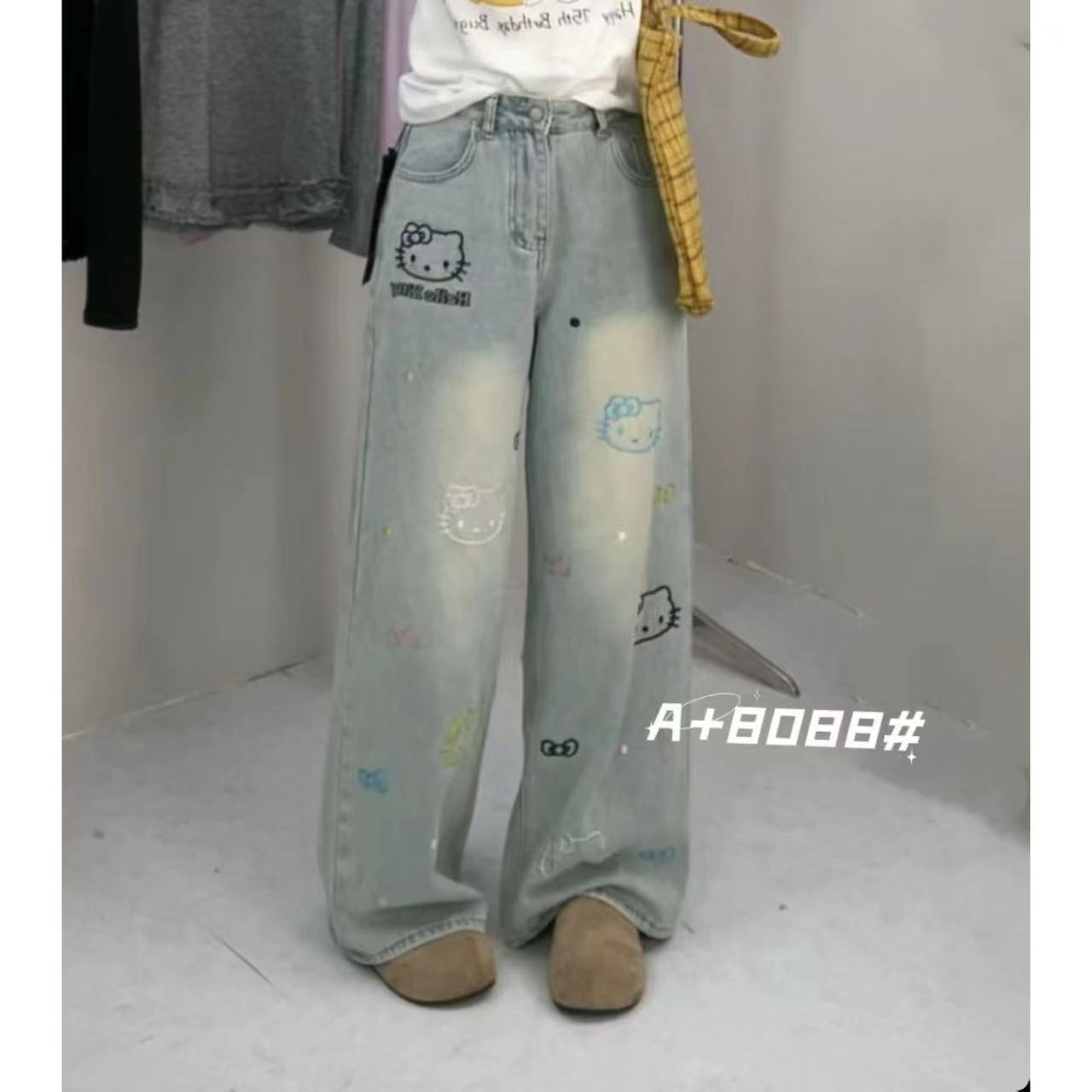 【8088】卡通刺绣设计显瘦遮胯阔腿拖地裤