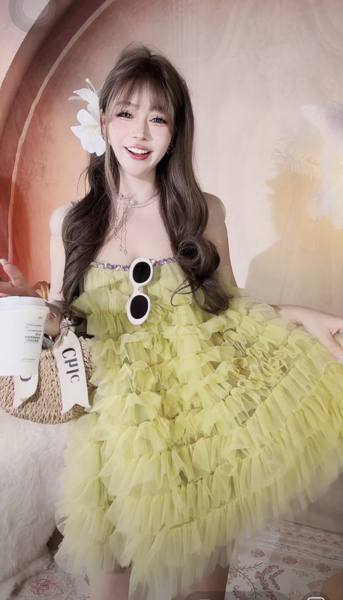 【崔】绿影幻纱L0059吊带连衣裙女蓬蓬短裙子绿色洋气法式衣服