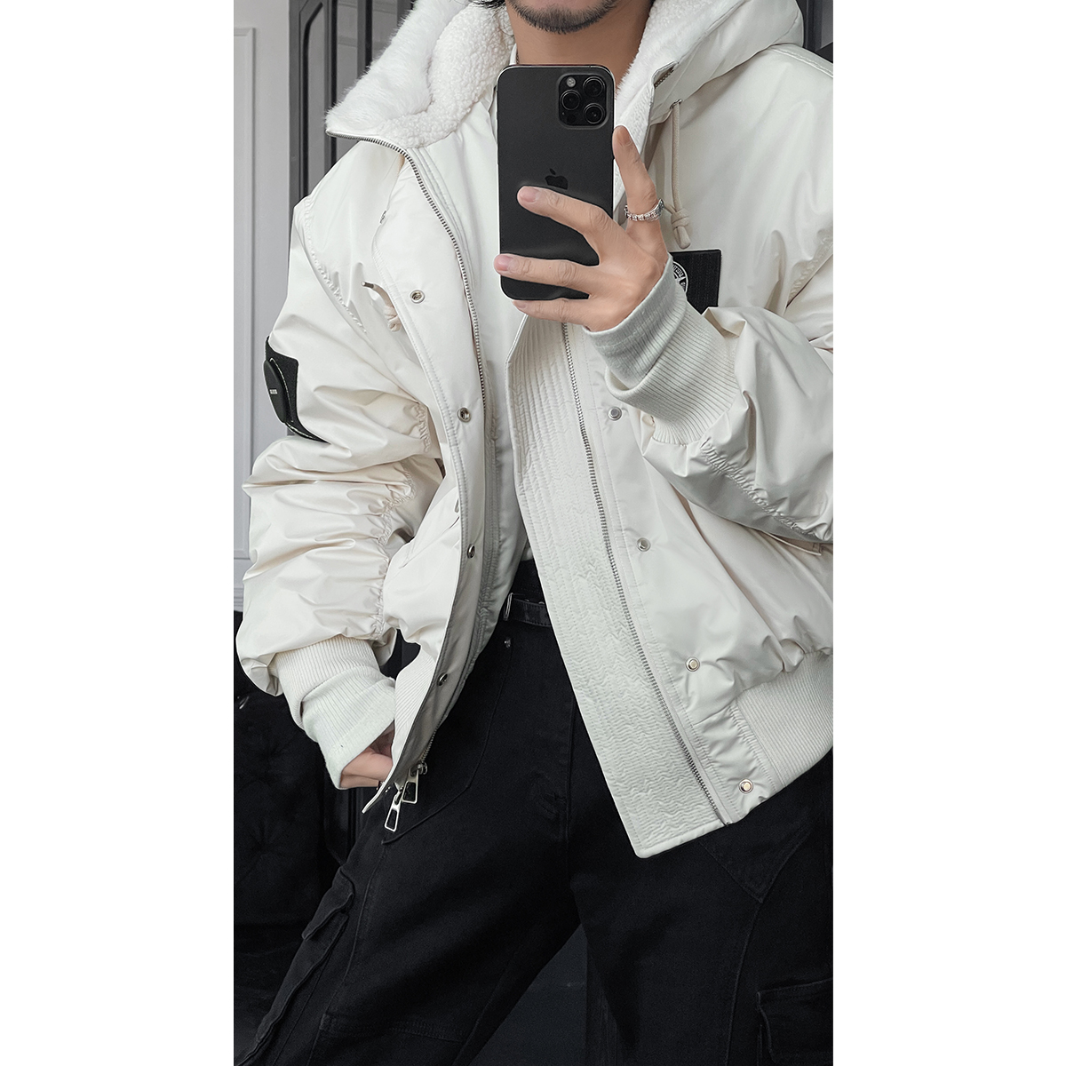 龙叨叨秋冬新品美式设计感贴标刺绣宽松连帽毛领保暖百搭棉服外套