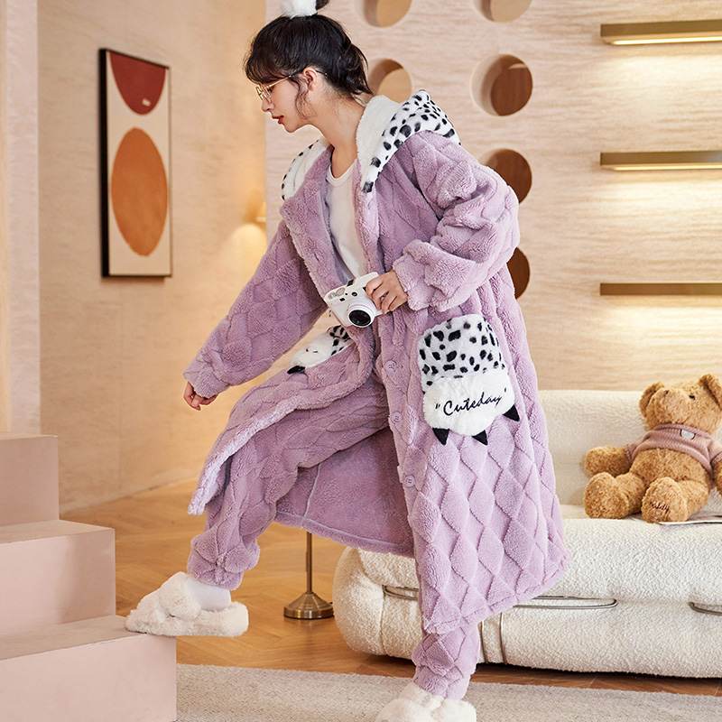 法兰绒睡袍女士秋冬季珊瑚绒睡衣女加厚保暖甜美家居服套装 2232
