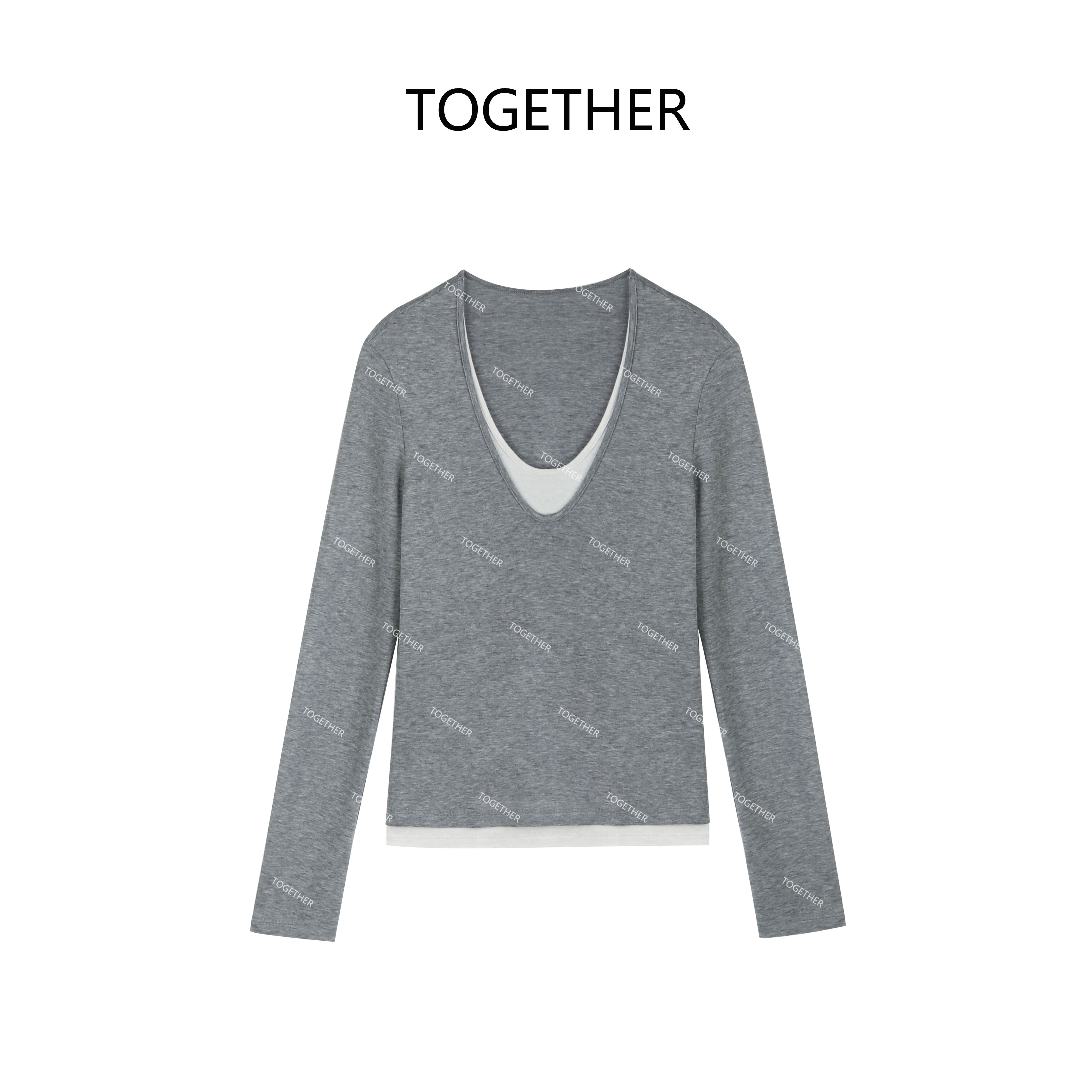 【ASIA BLUE】v领假两件长袖T恤打底上衣#W1789