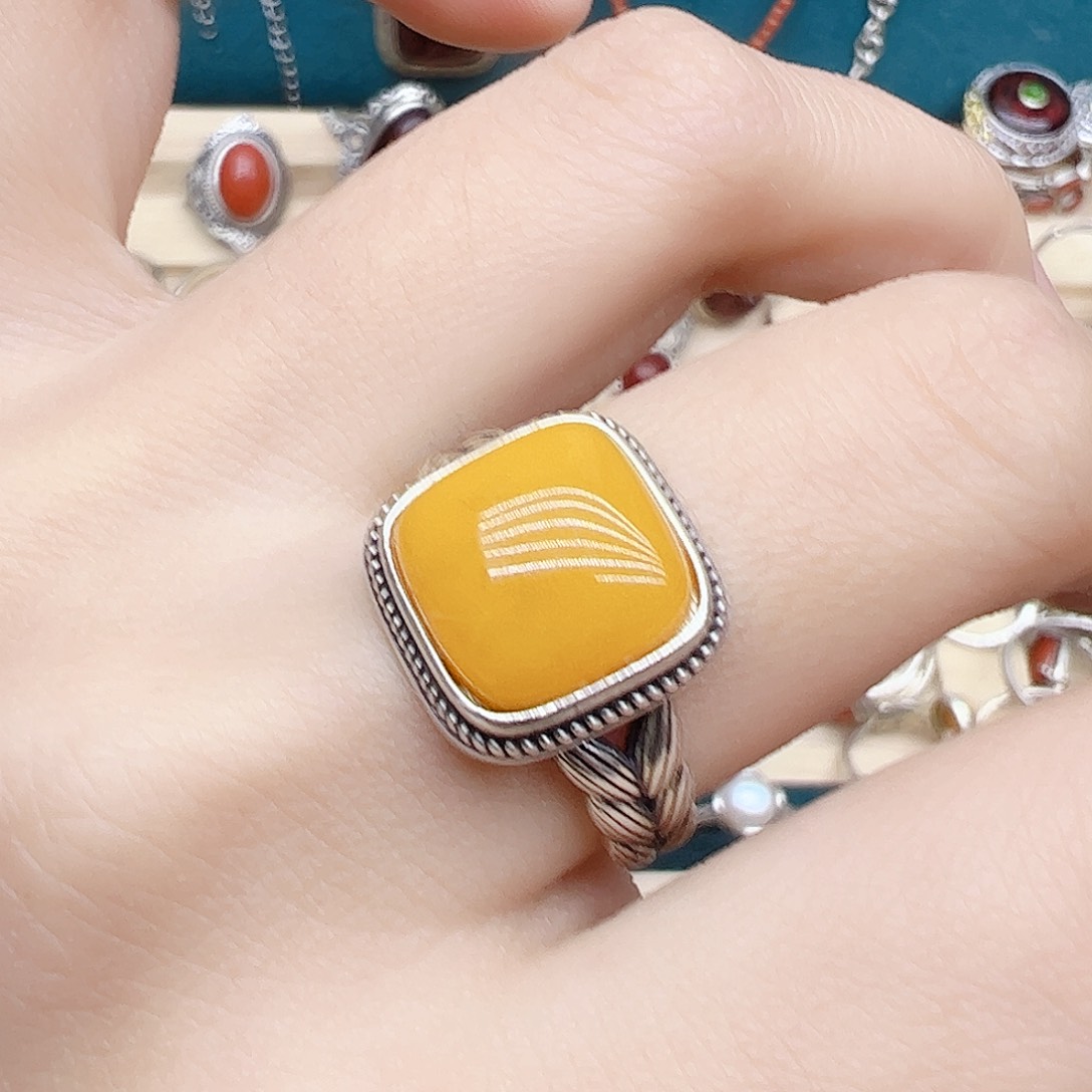 蜜蜡戒指银S925镶嵌天然