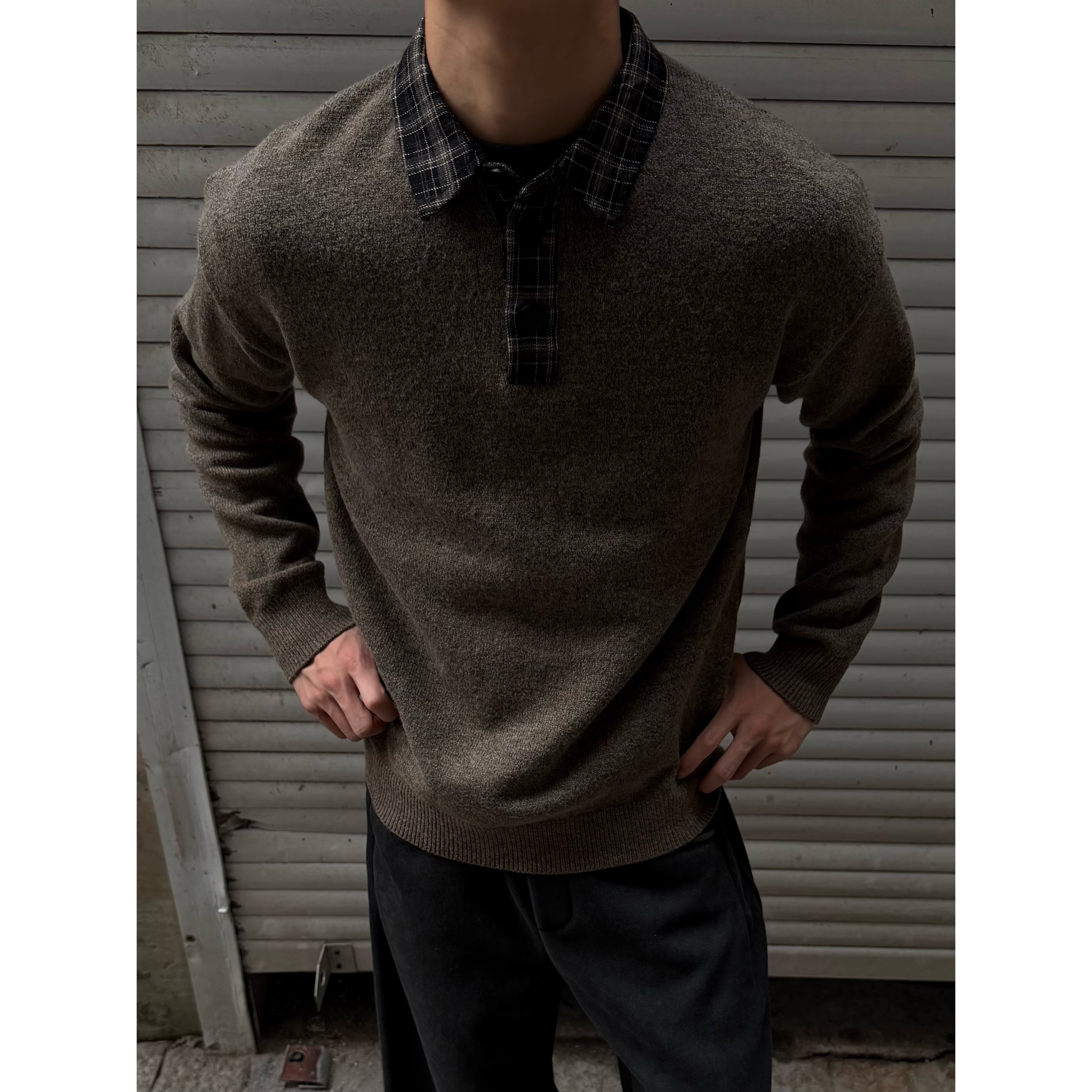 SFANG 秋冬季美式慵懒撞色格纹领假两件毛衣男宽松POLO领针织衫