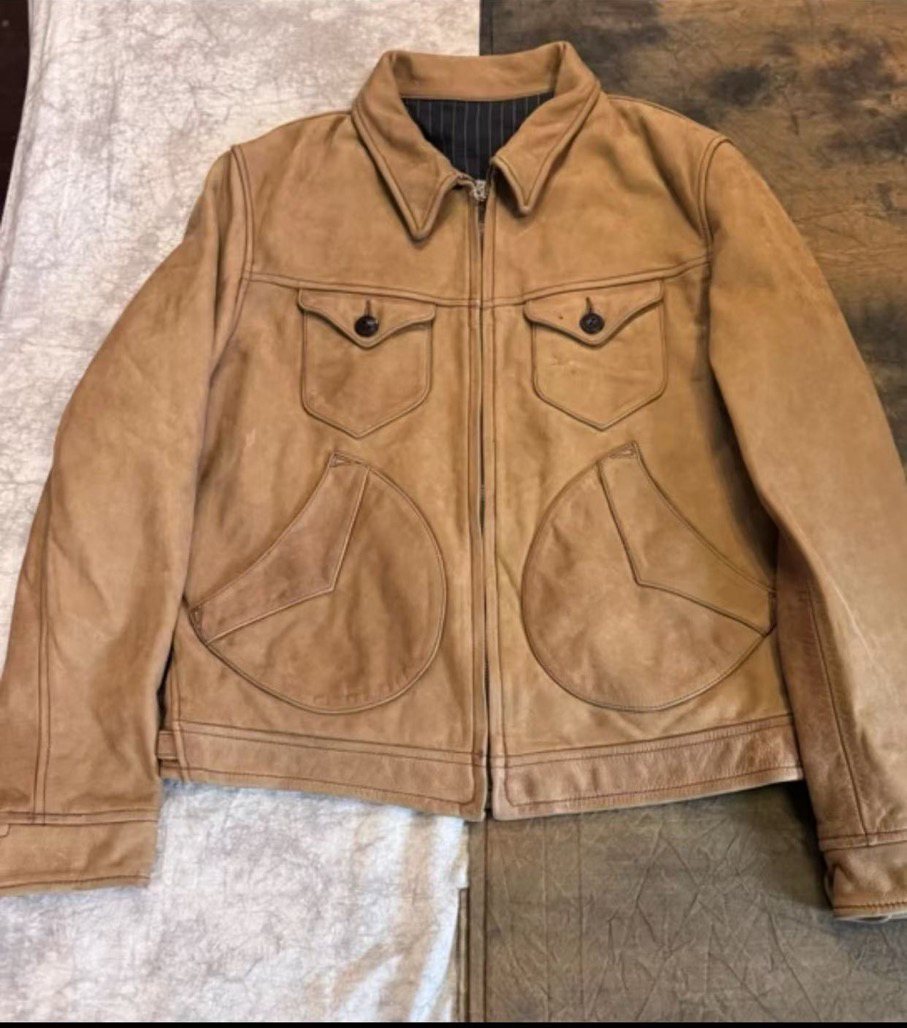 磨砂牛皮进口无涂真皮皮衣男门多萨四兜翻领修身皮夹克