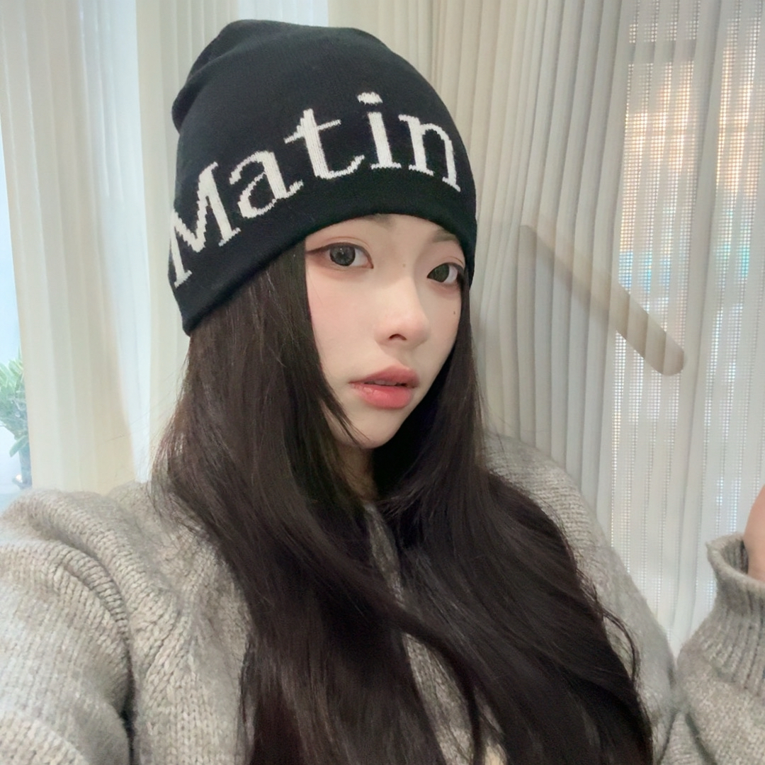 【001-200】包头刺绣卷檐针织帽百搭秋冬帽子ins冬季蓝色无檐