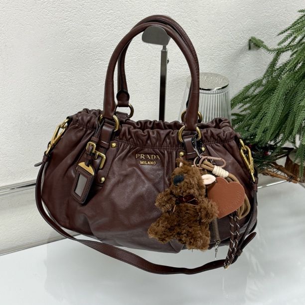 95新 Prada/普拉达 棕金褶皱云朵单肩包轻奢中古