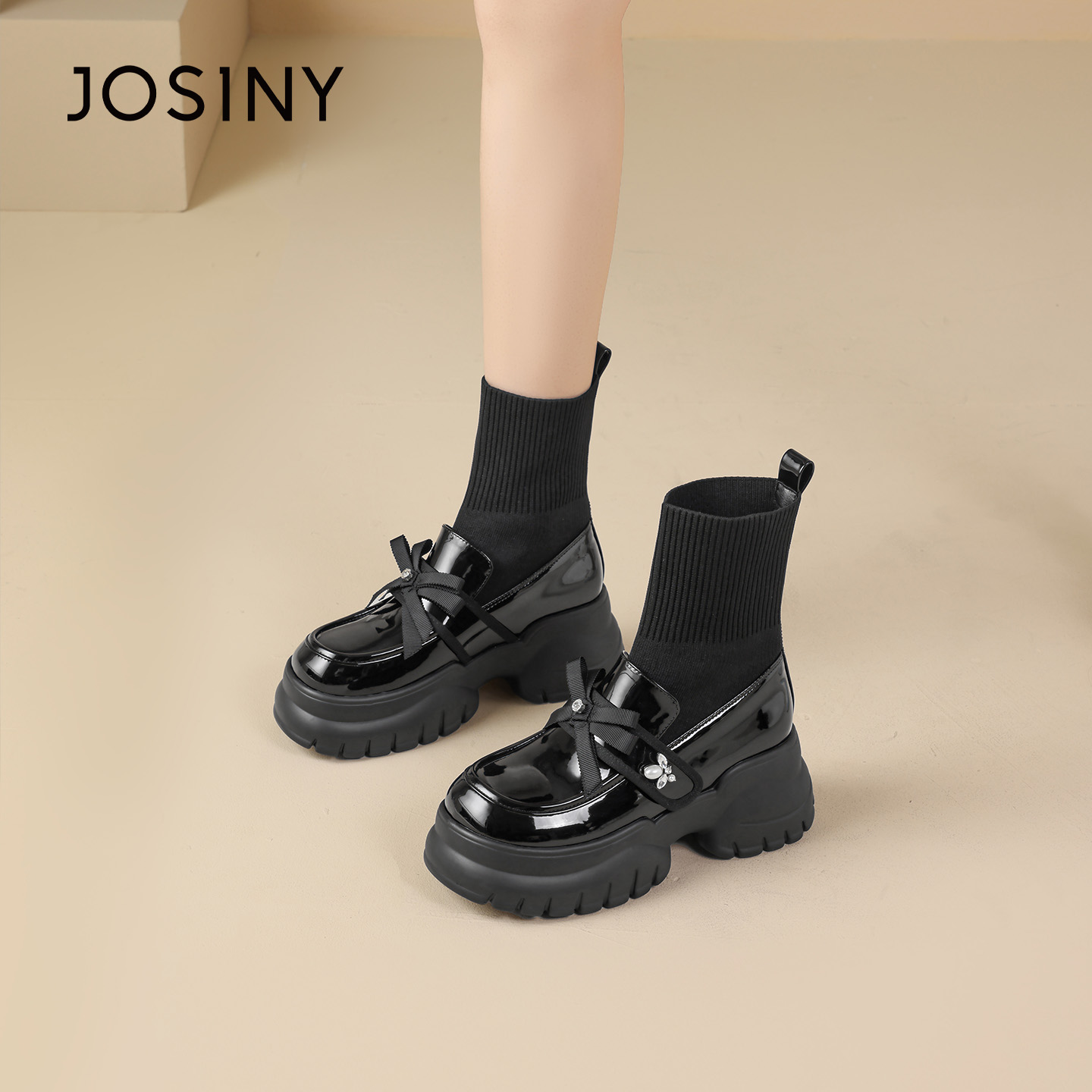 卓诗尼2025蝴蝶结休闲风袜靴黑色中筒女靴筒靴女鞋圆头显瘦休闲