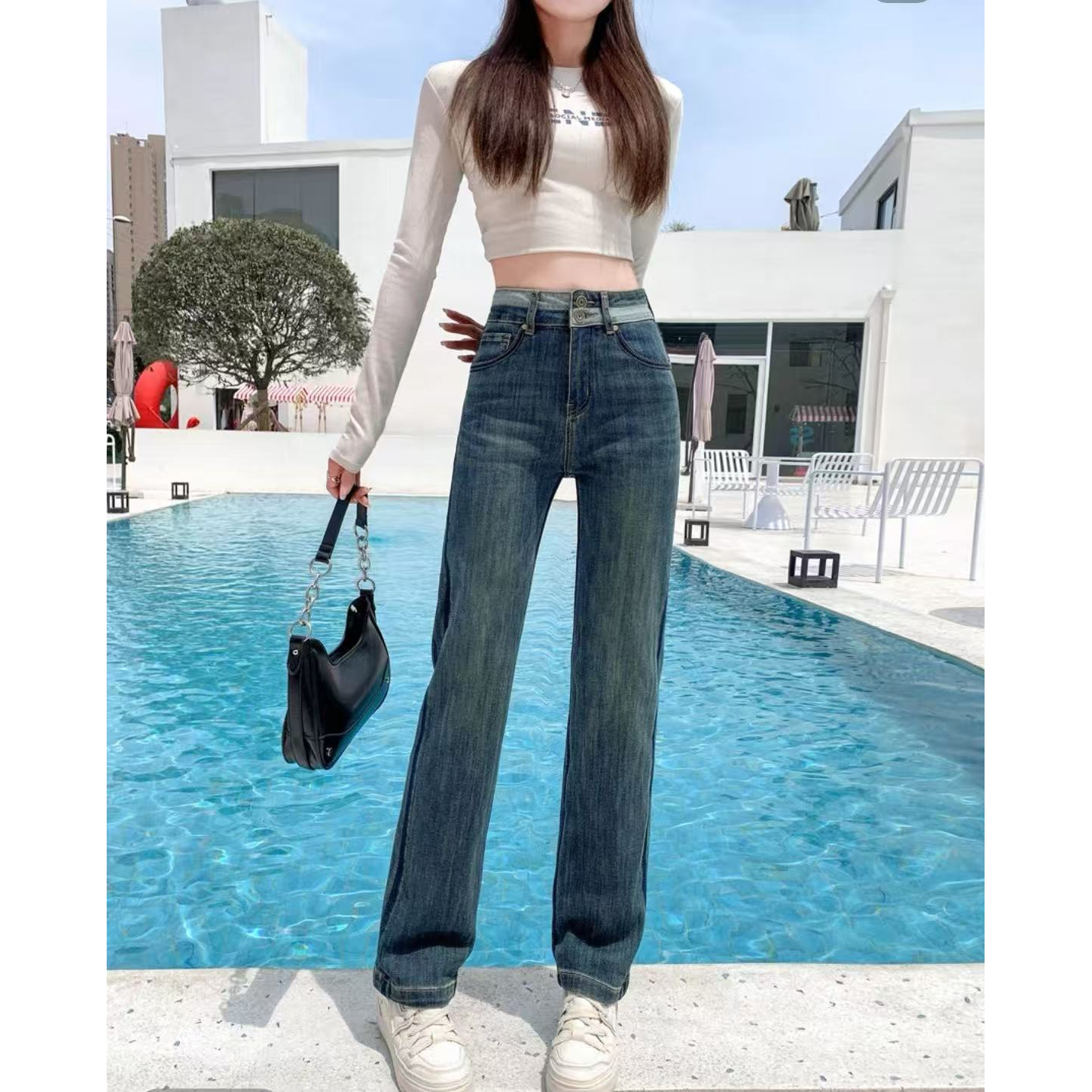 厚款街头风高腰牛仔裤显瘦蓝色2025年秋冬设计款