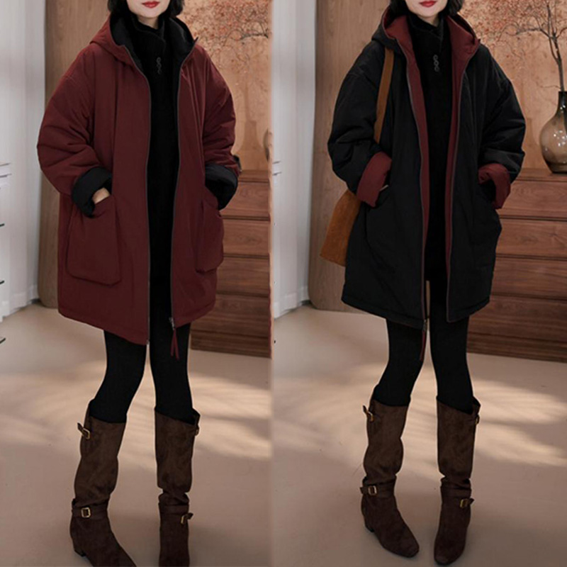 双面穿棉衣棉服冬季新款百搭气质减龄加厚保暖中长款连帽外套女