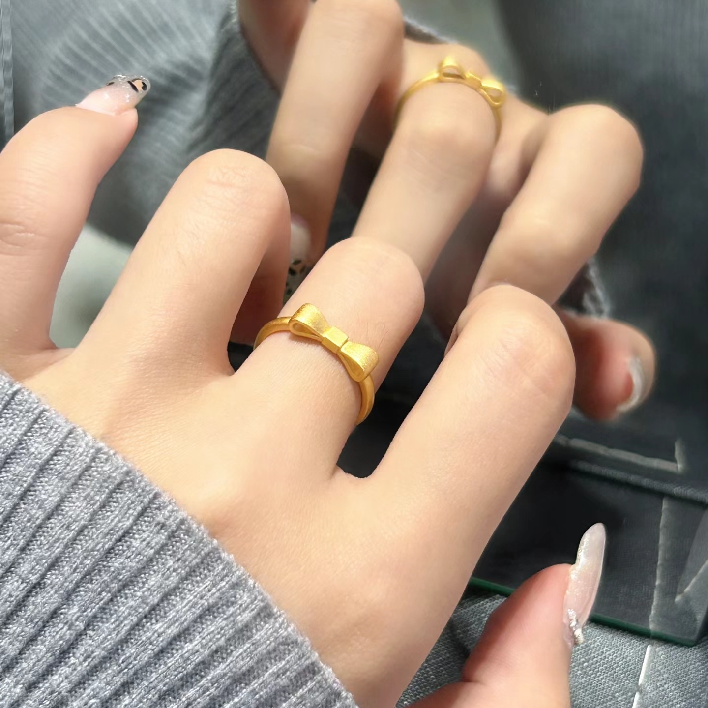 足银戒指 金包999足银蝴蝶结戒指女甜美素圈戒指环新款活口可调节