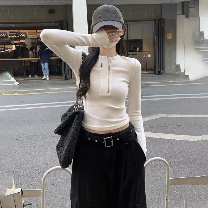 拉链美式辣妹正肩长袖t恤女2025新款早秋修身显瘦上衣