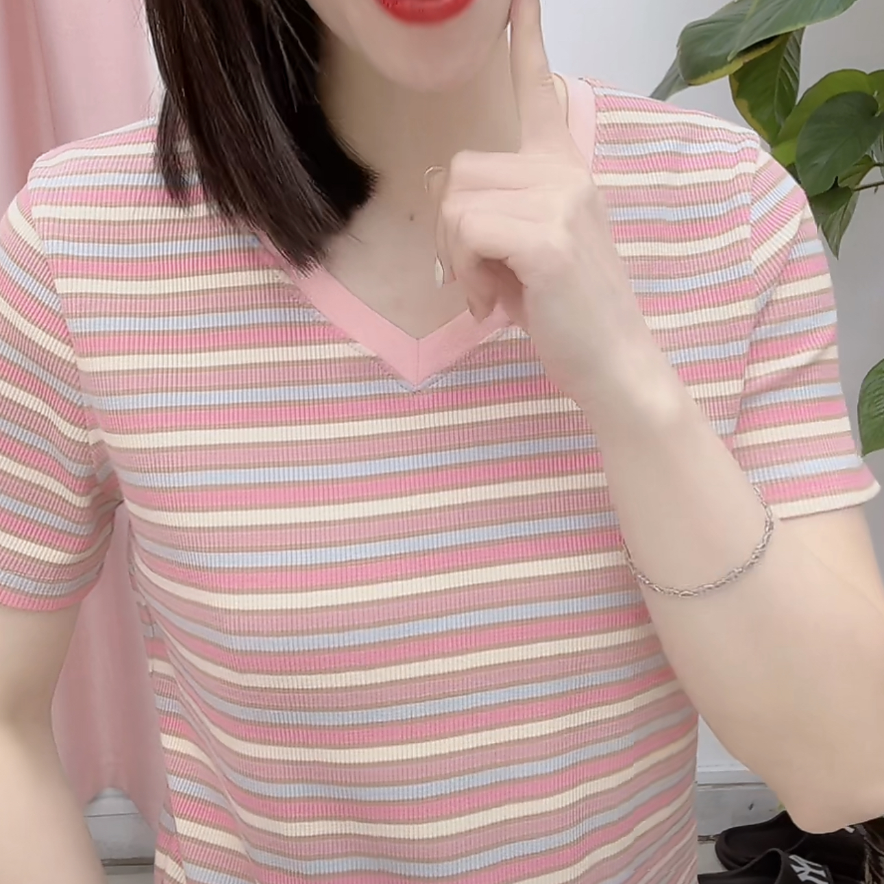 撞色精棉罗纹彩间减龄洋气条纹女装短袖T恤大方百搭