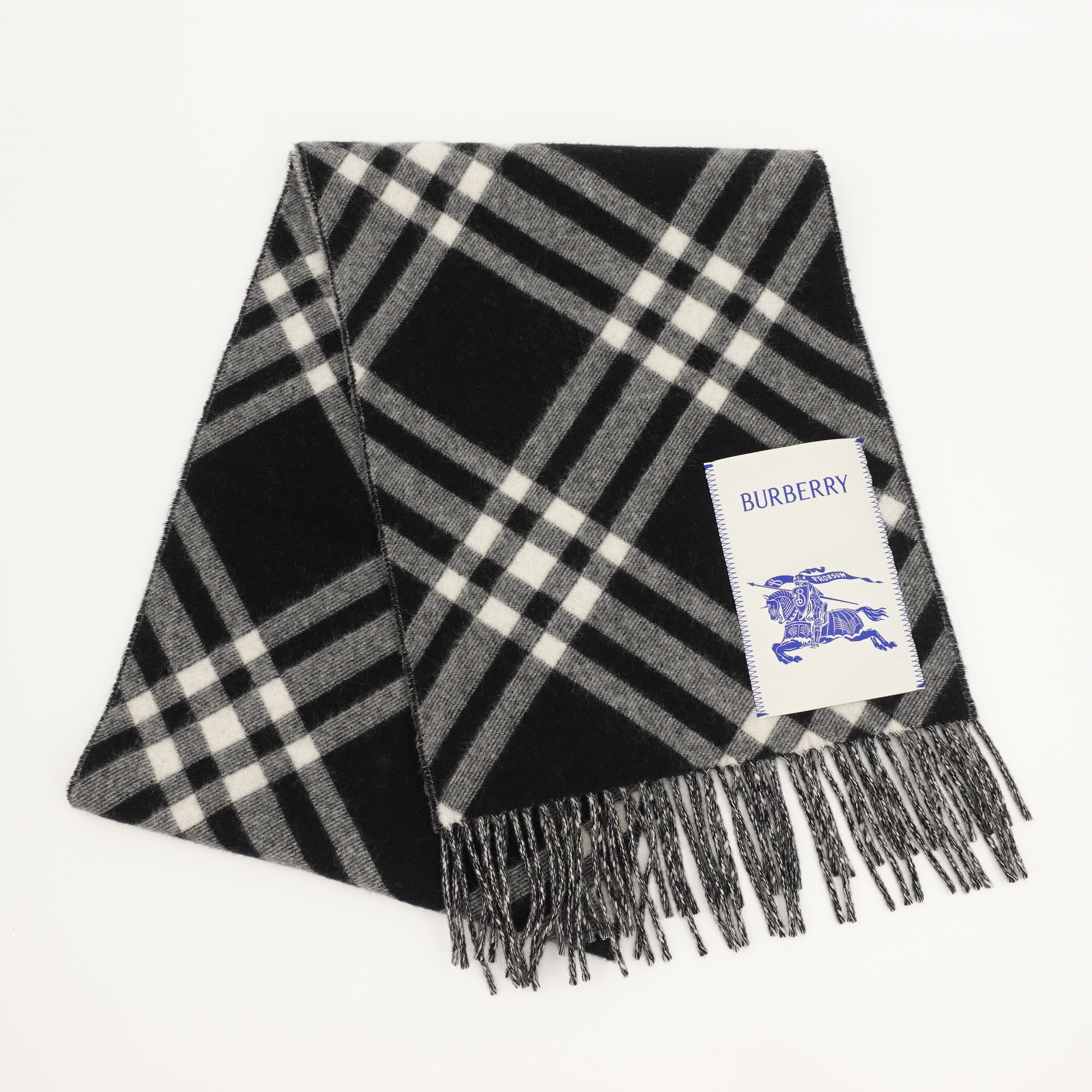 95新 BURBERRY/博柏利 GGS巴宝莉黑白格纹羊绒围巾91148374