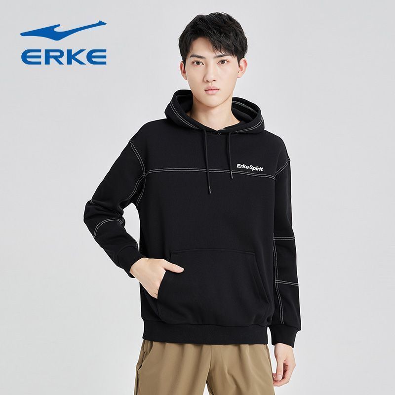 鸿星尔克秋季新款男卫衣连帽明线拼接时尚工装套头韩版男上衣运动