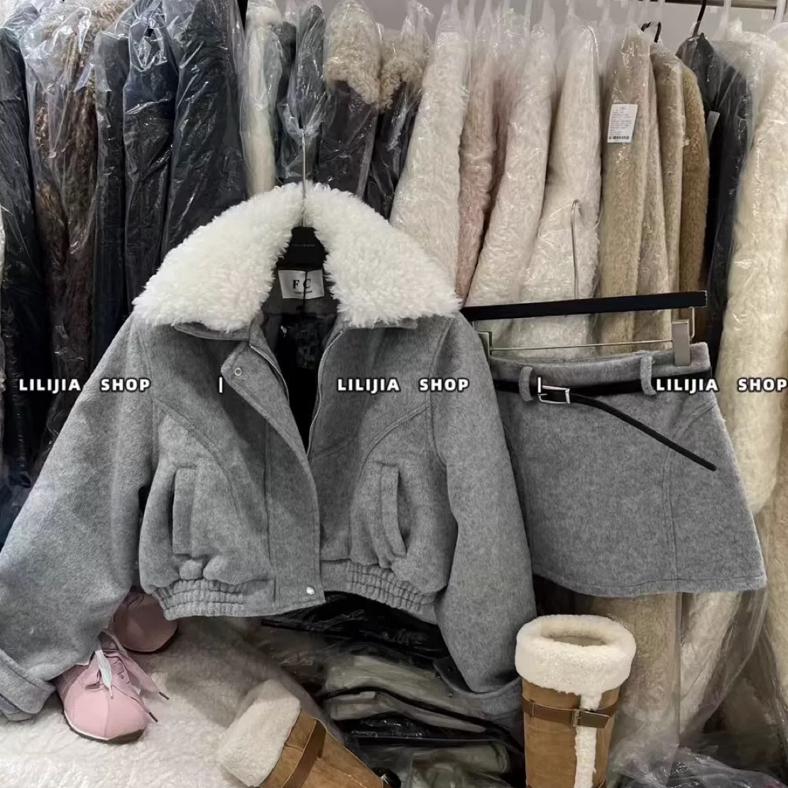 韩版灰色呢子加厚外套
