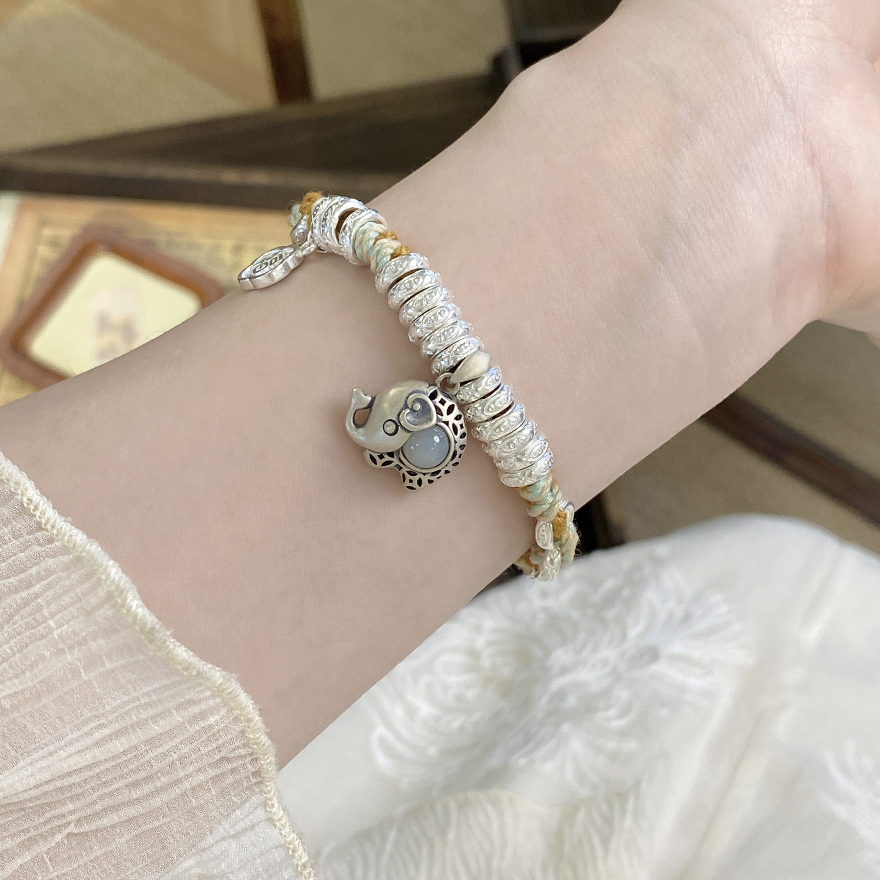 足银手链 【平安喜乐吉祥小象】盘缠手工编织手串 约30克 时尚气质