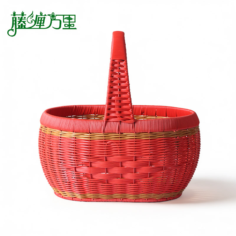 手工编织红色椭圆手提篮收纳篮提篮子喜庆装饰收纳篮果盘家用通用