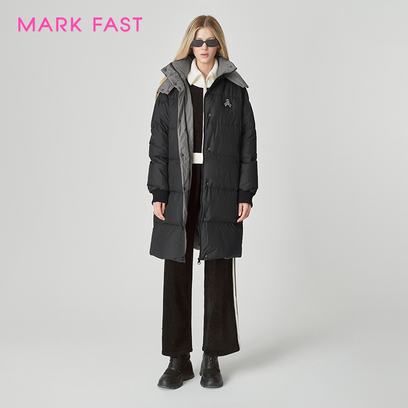 MARKFAST设计师品牌撞色可拆卸连帽羽绒外套女冬M1EHW98070