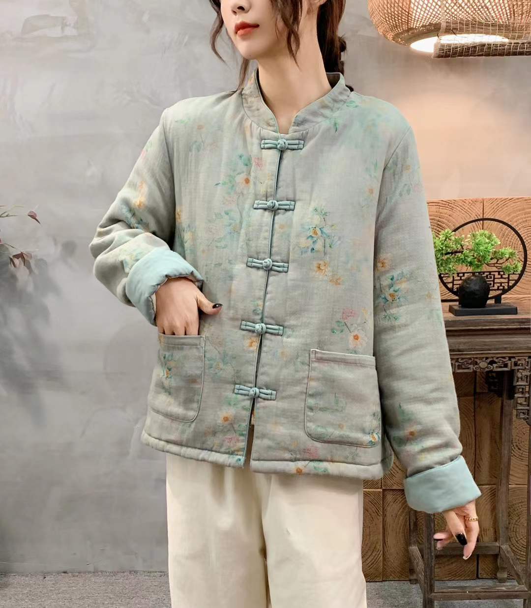 晓妍》复古印花盘扣夹棉棉袄外套冬季保暖新中式加厚外套棉服女
