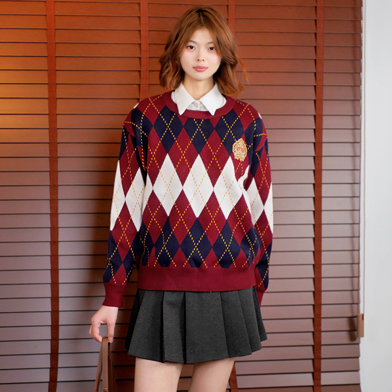 圆领毛衣外套女秋冬新款过年休闲时尚宽松百搭外穿菱格长袖针织衫