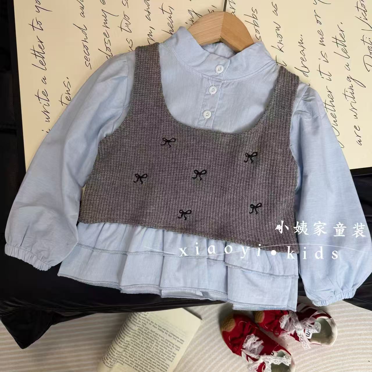 【真两件】女童上衣针织背心开扣拼接常规韩版女童长袖两件套秋季