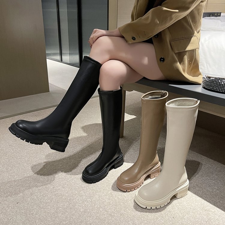 [曼曼]6cm厚底百搭小个子英伦风粗跟瘦瘦长靴