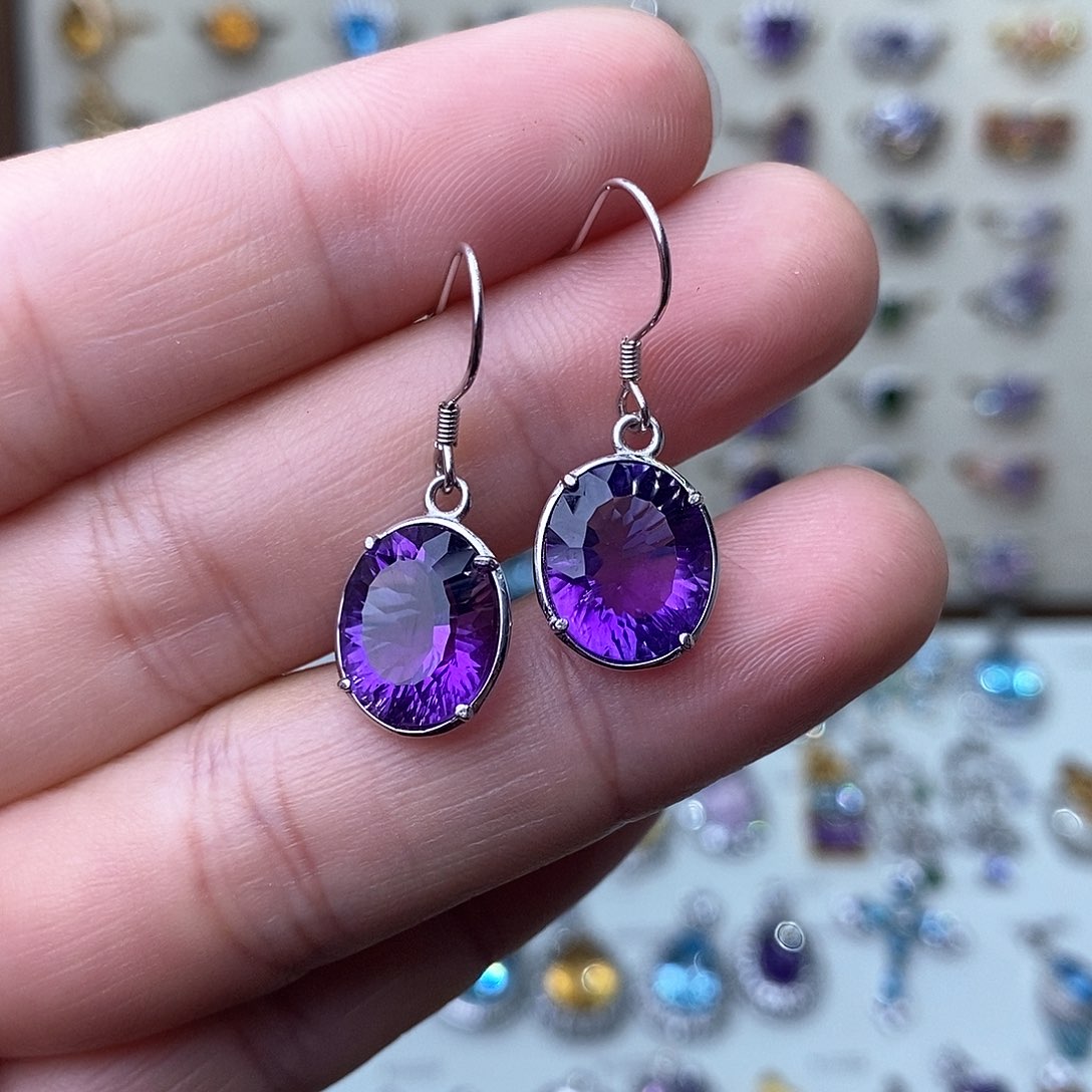 紫晶耳饰银S925镶嵌一物一证