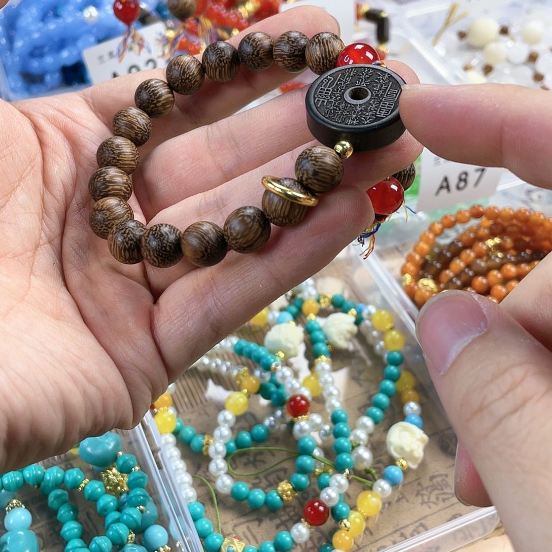 檀香木手串银S925镀金镶嵌