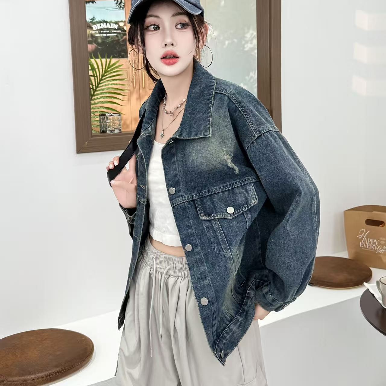 女短款短外套压褶收腰牛仔外套设计感气质复古秋季休闲